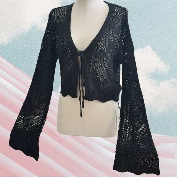 🖤 Solid Hollow Out Knit Knotted Cardigan – Black Sz. Sm - Picture 3 of 4